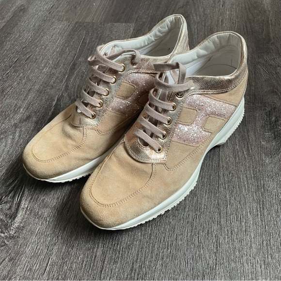 Hogan Beige Pink Glitter Woman’s interactive lace up Sneakers (39 1/2) - Picture 4 of 15